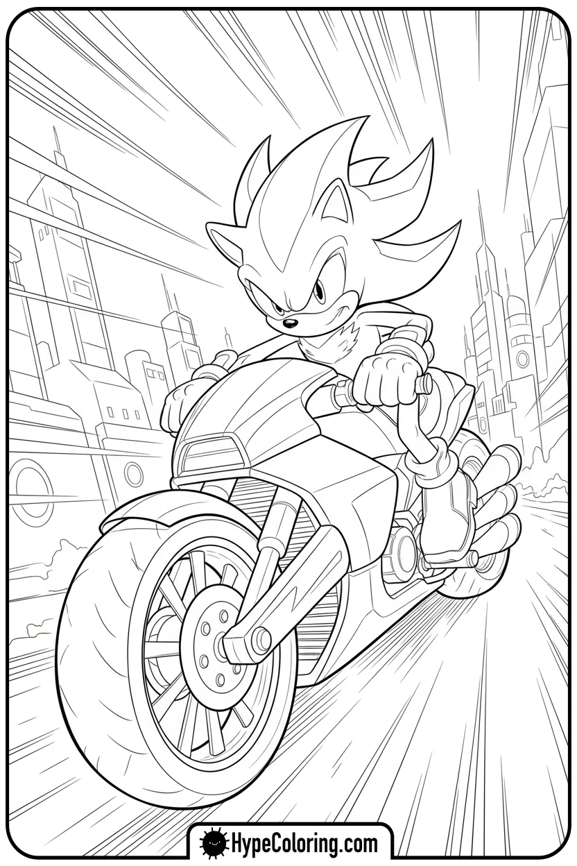 Click to download PDF shadow-on-dark-rider-motorcycle - shadow the hedgehog coloring pages