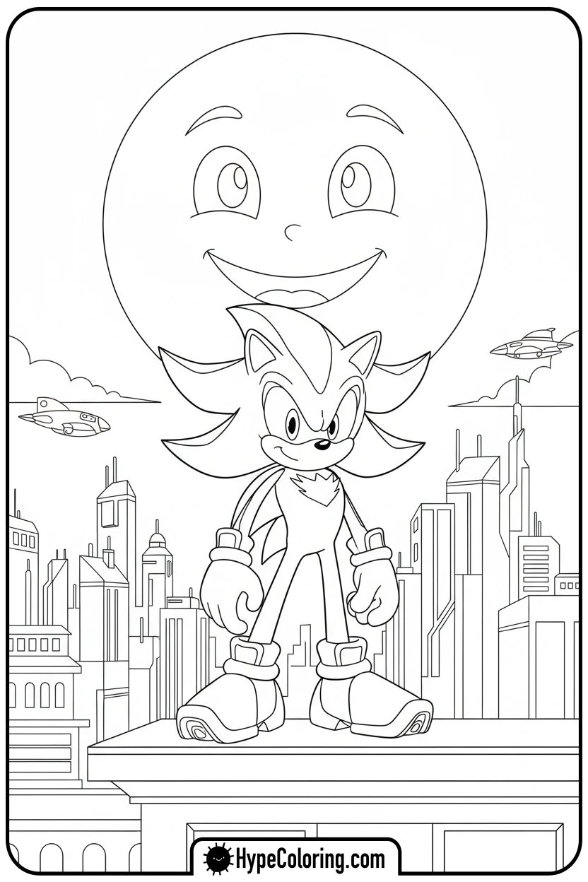 Click to download PDF shadow-on-city-rooftop - shadow the hedgehog coloring pages