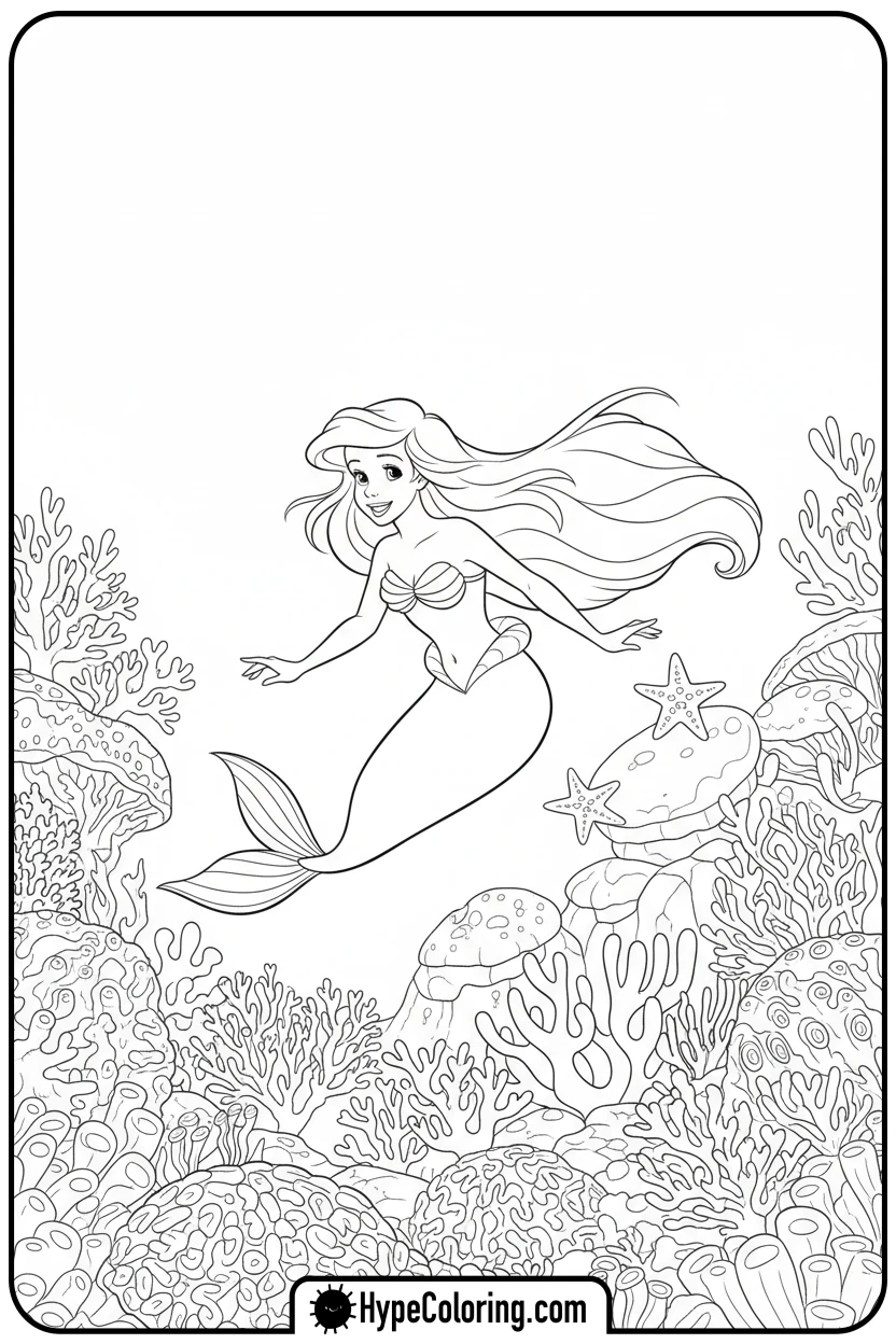 ariel-swimming-through-coral-reef - ariel mermaid coloring pages