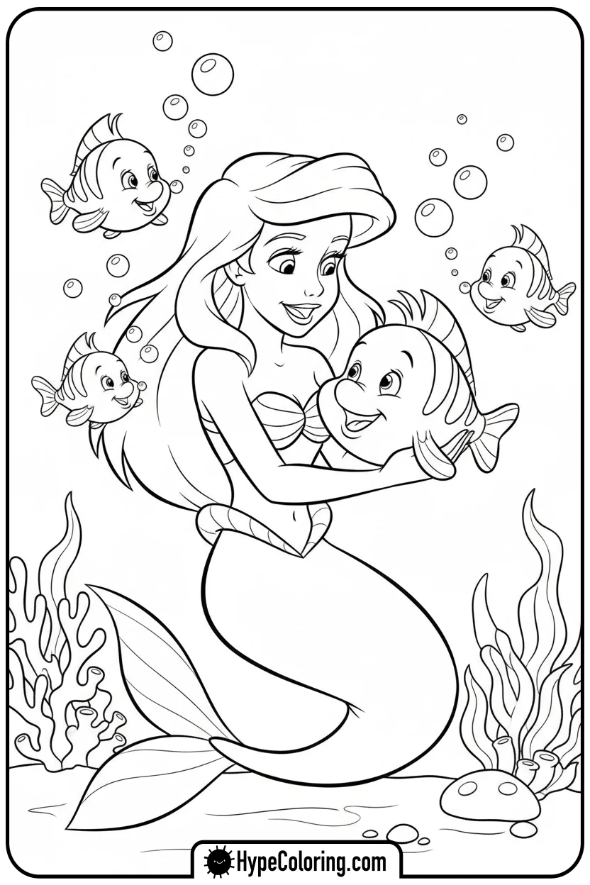 ariel-holding-flounder - ariel mermaid coloring pages