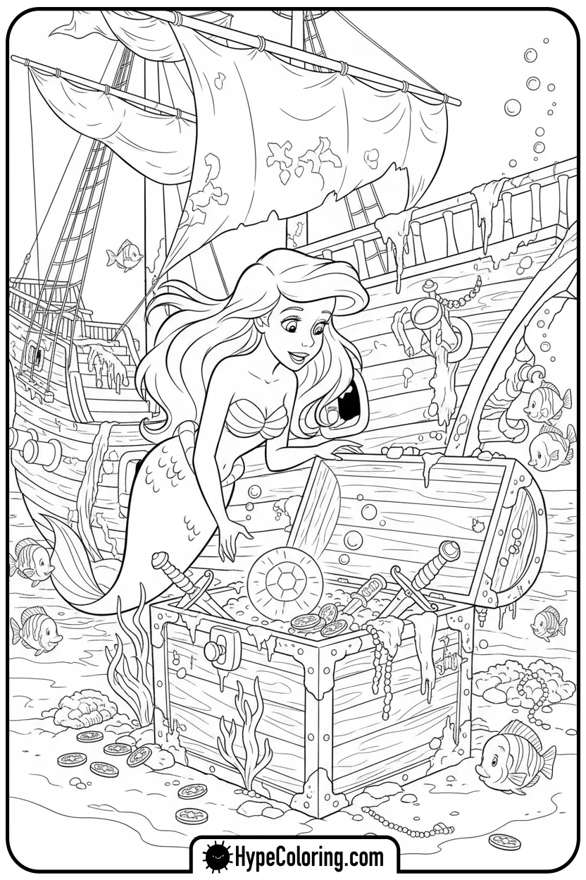 ariel-exploring-shipwreck - ariel mermaid coloring pages