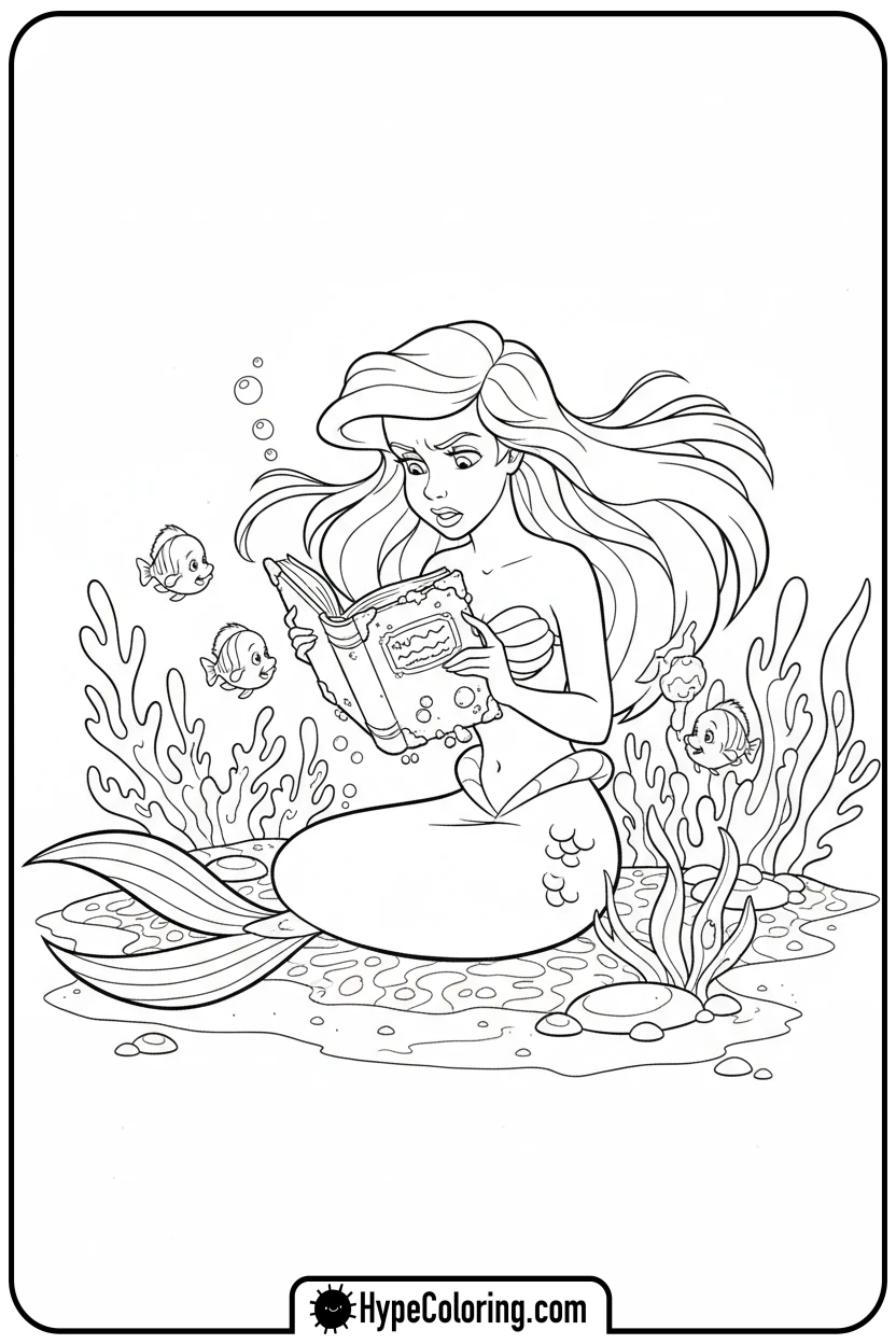 ariel-reading-sunken-book - ariel mermaid coloring pages