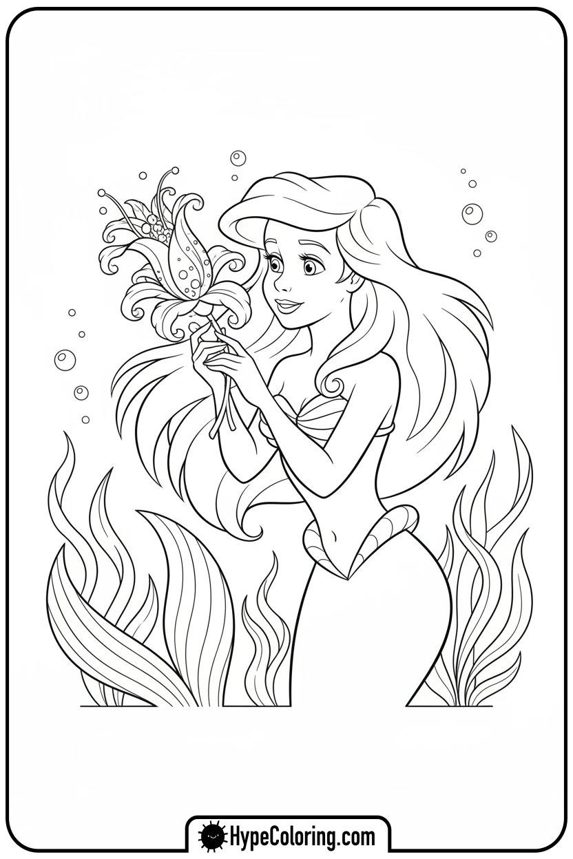 ariel-holding-a-sea-flower - ariel mermaid coloring pages