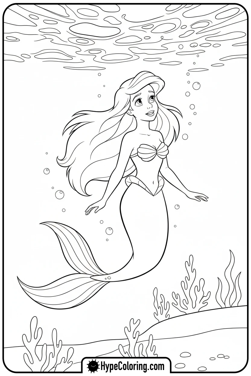ariel-gazing-at-surface-light - ariel mermaid coloring pages
