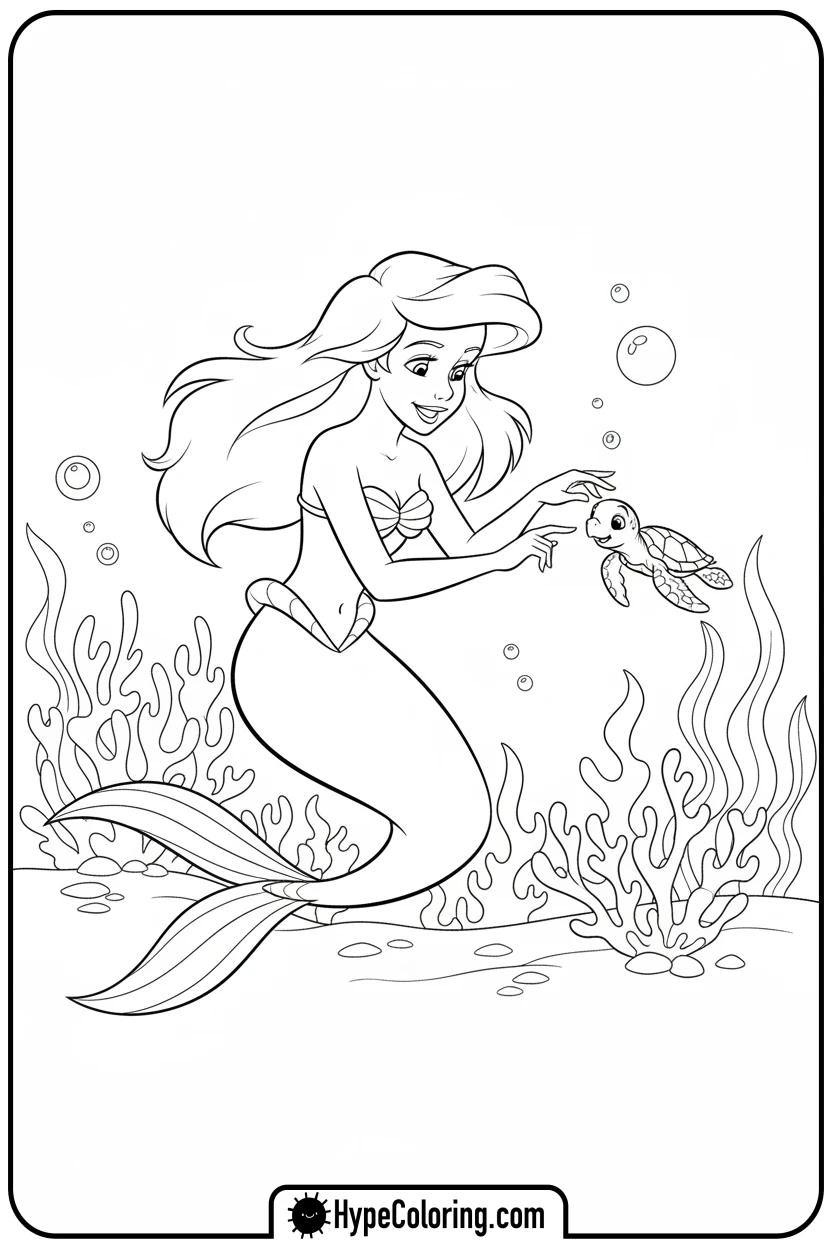 ariel-helping-baby-turtle - ariel mermaid coloring pages