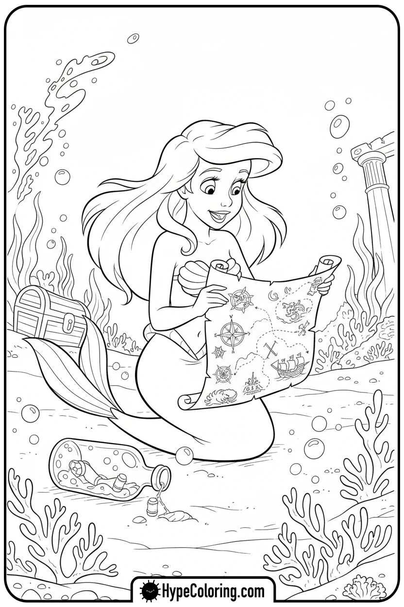 ariel-with-treasure-map - ariel mermaid coloring pages