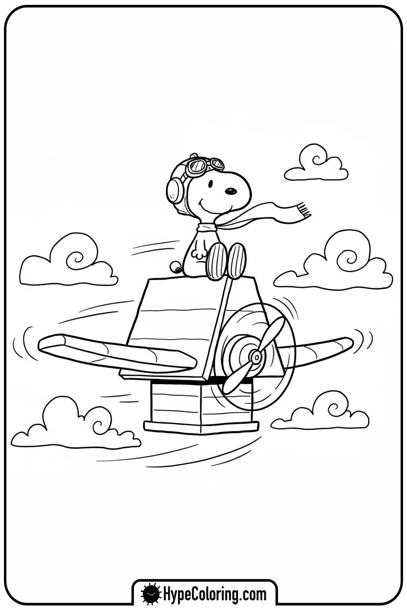 Click to download PDF snoopy-flying-ace-on-doghouse - snoopy coloring pages