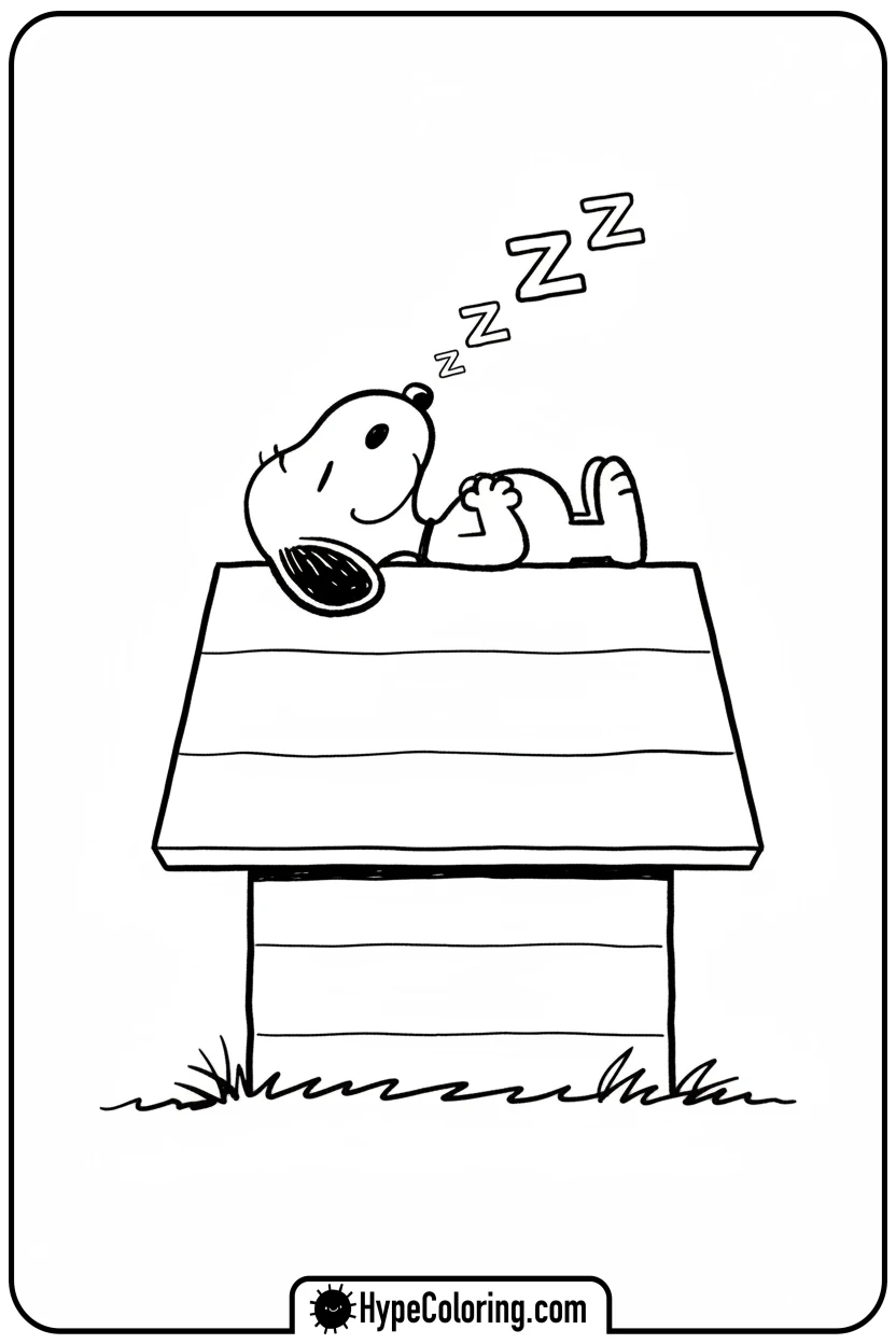 Click to download PDF snoopy-sleeping-on-doghouse - snoopy coloring pages