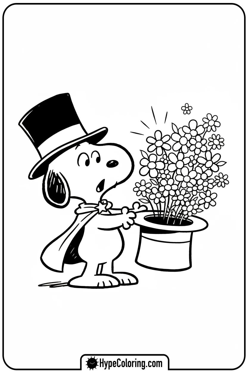 Click to download PDF magician-snoopy-pulling-flowers - snoopy coloring pages