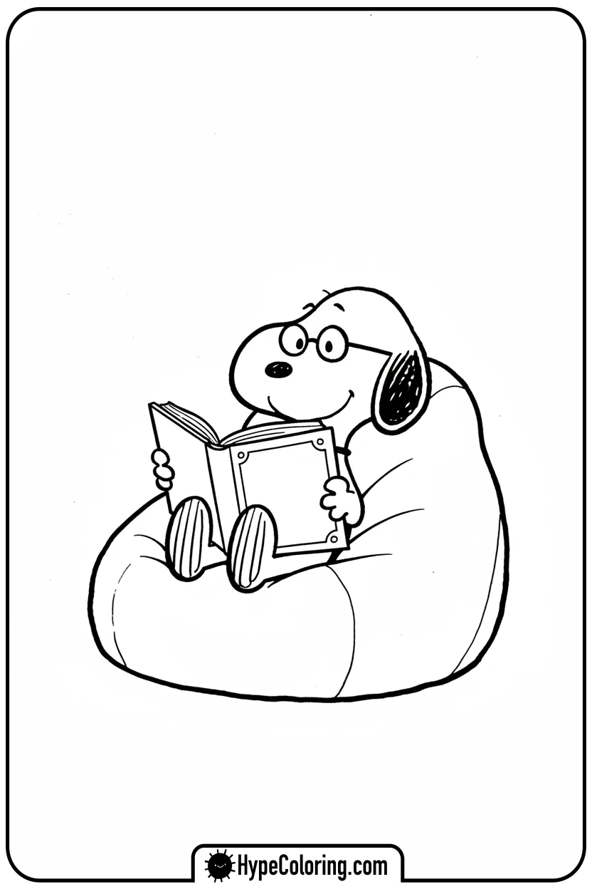Click to download PDF snoopy-reading-in-chair - snoopy coloring pages