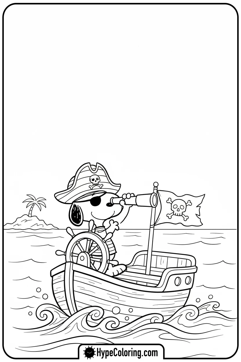 Click to download PDF pirate-snoopy-on-boat - snoopy coloring pages