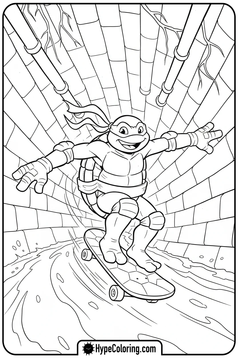michelangelo-skateboarding-in-sewer - teenage mutant ninja turtles coloring pages