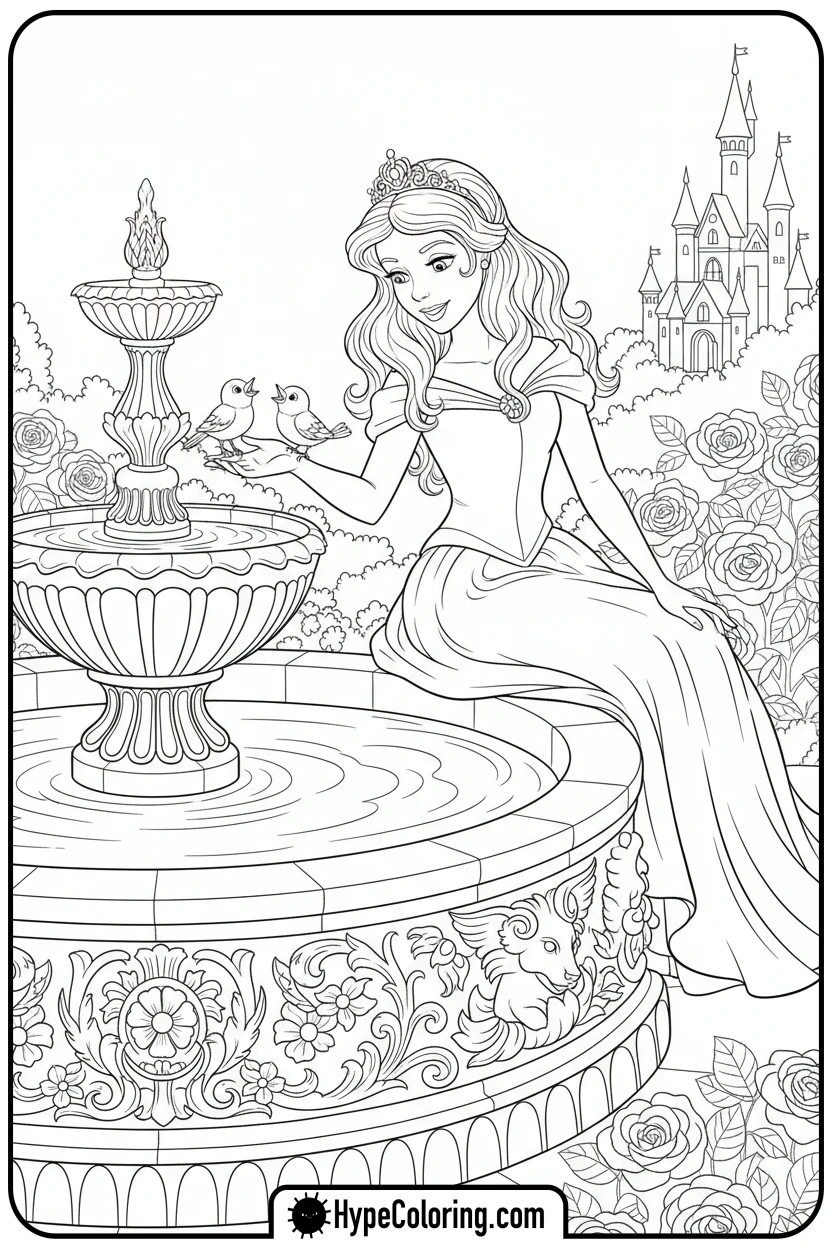 princess-by-fountain - princess coloring pages printable