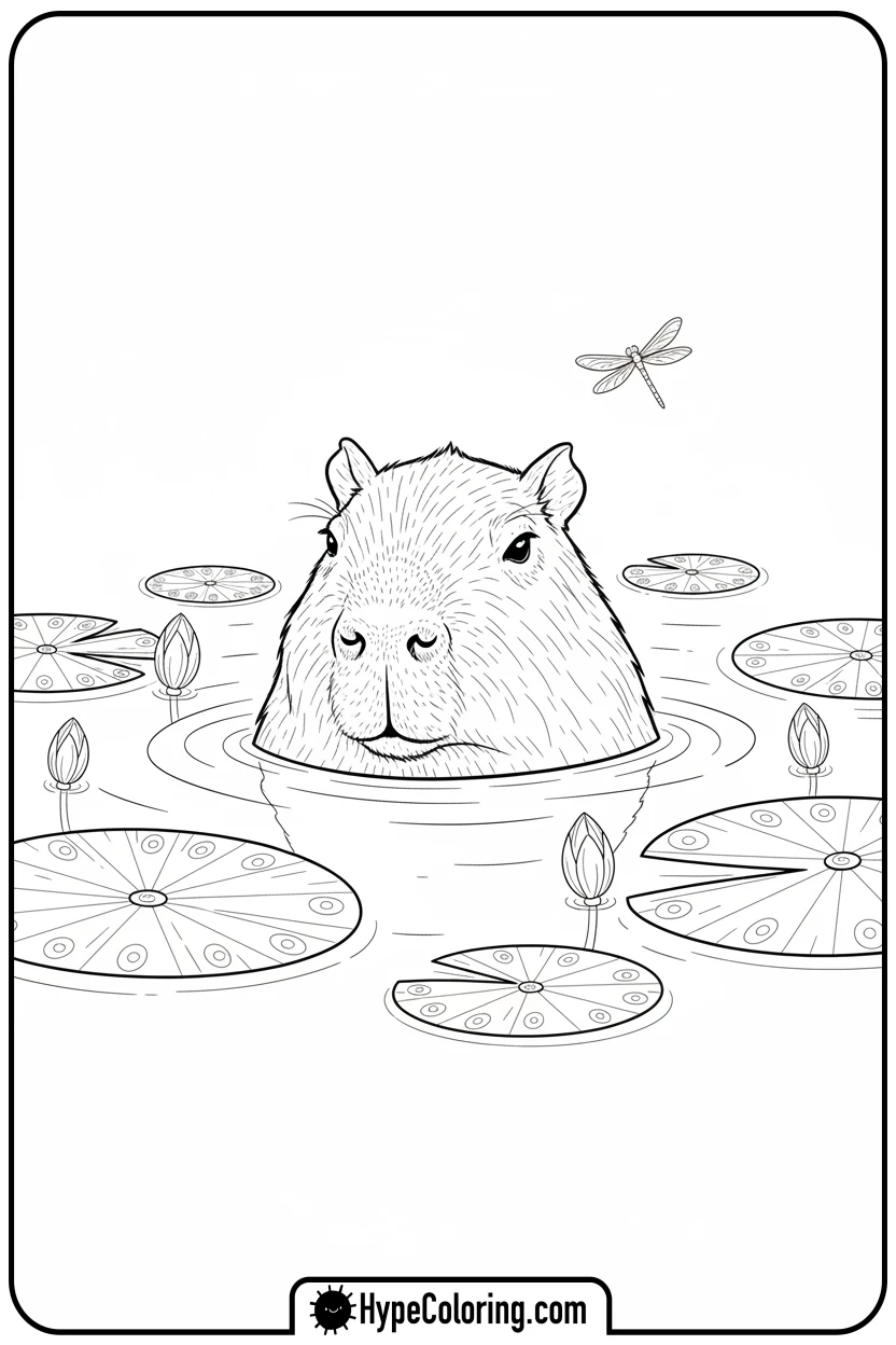 capybara-floating-in-water-with-lily-pads - capybara coloring page