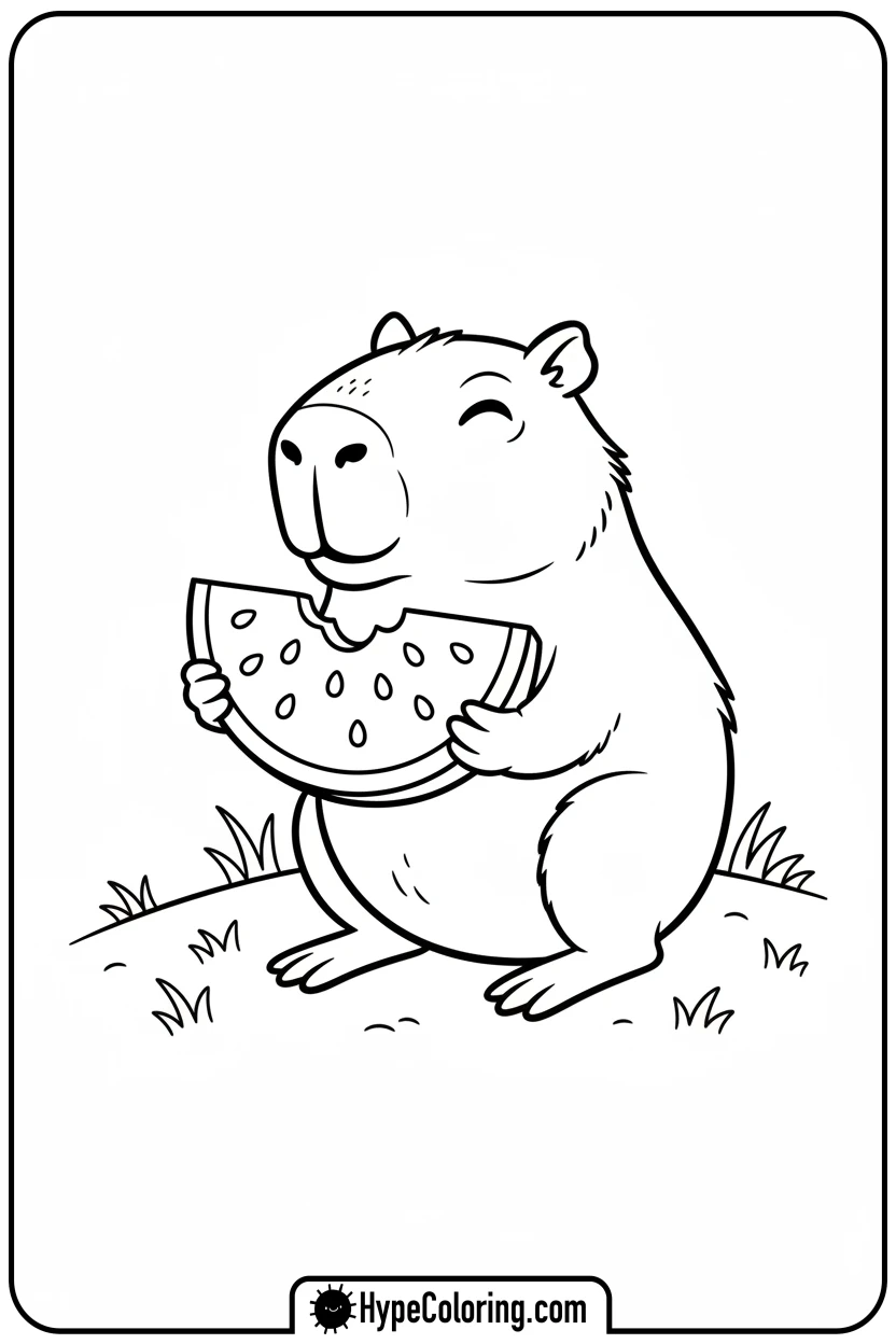 capybara-eating-watermelon-slice - capybara coloring page