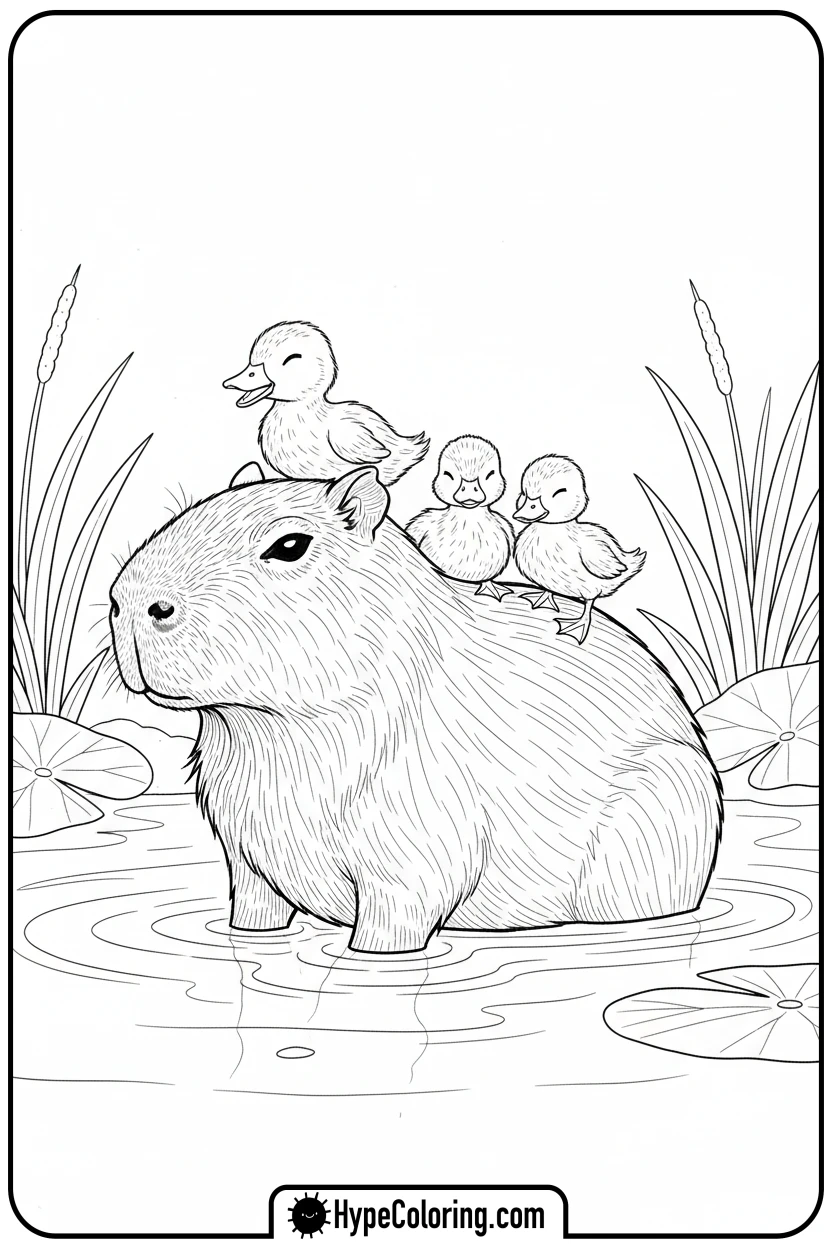 capybara-with-ducklings-on-its-back - capybara coloring page
