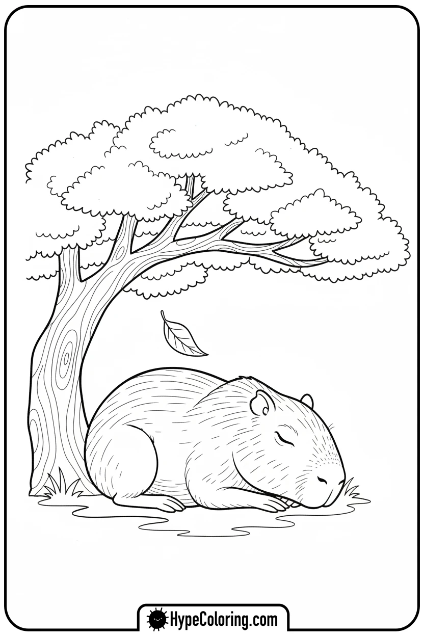 sleeping-capybara-under-a-tree - capybara coloring page
