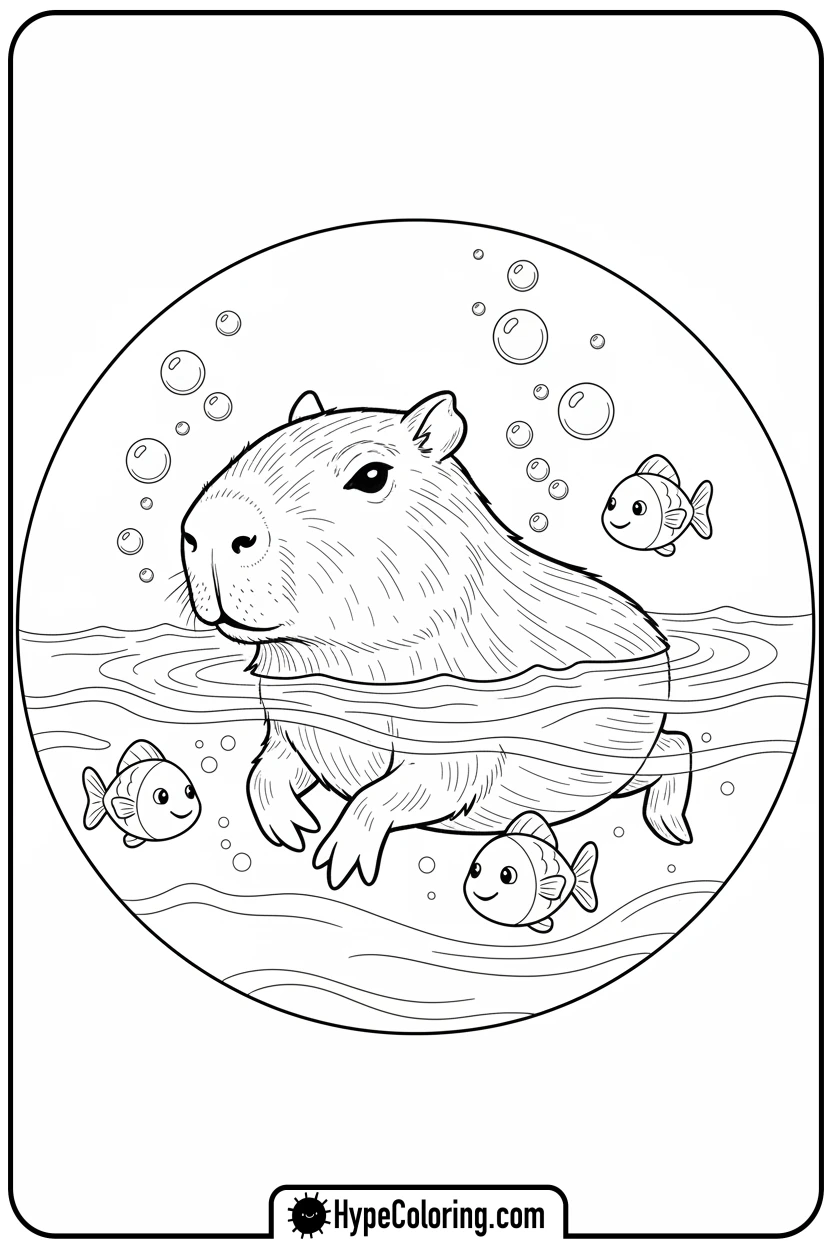 capybara-swimming-with-fish - capybara coloring page