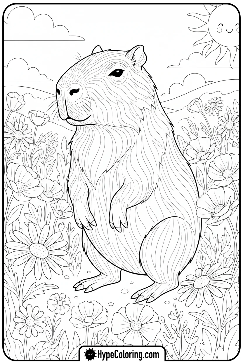 capybara-in-a-field-of-wildflowers - capybara coloring page