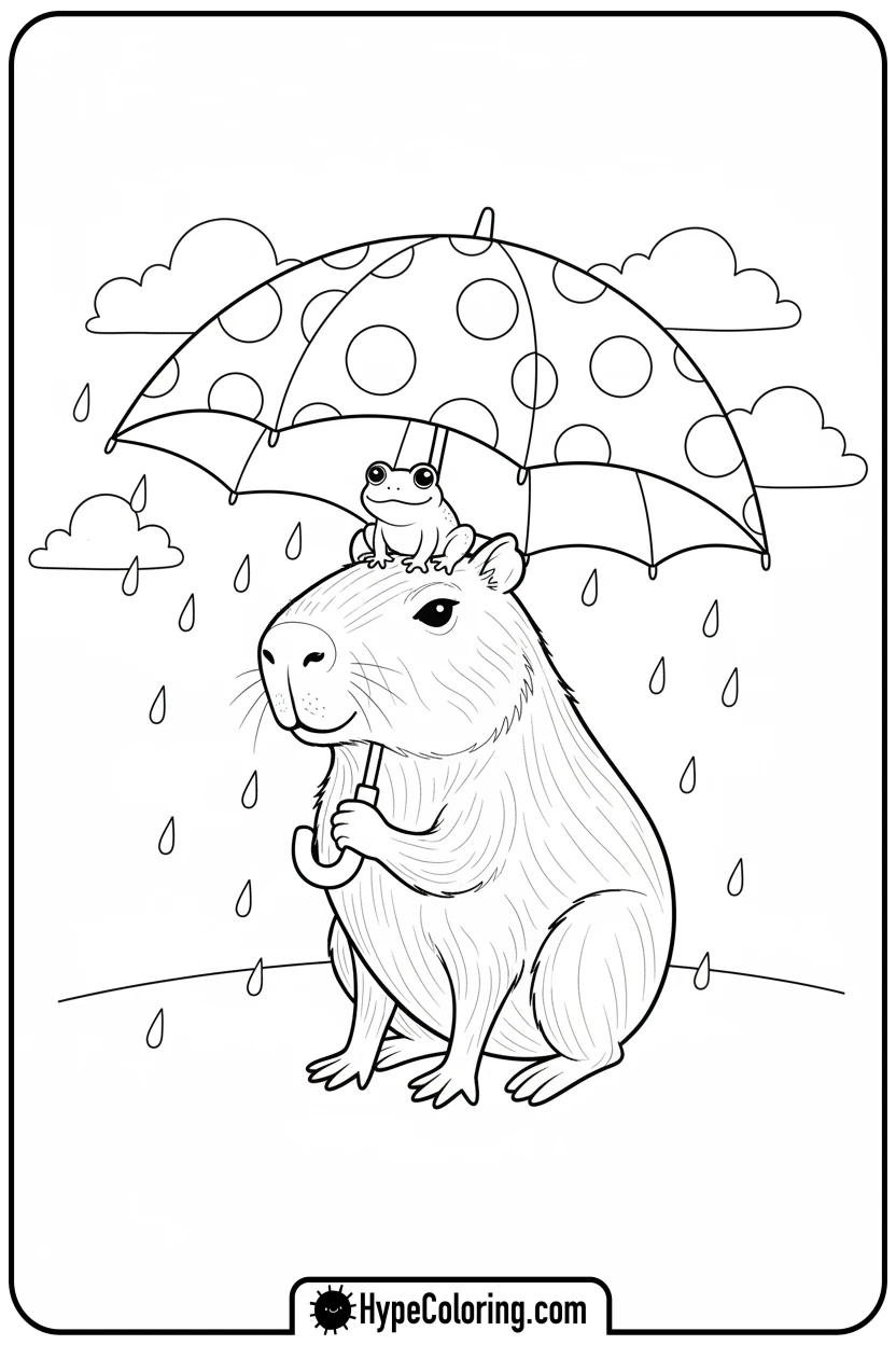 capybara-holding-umbrella-with-frog - capybara coloring page