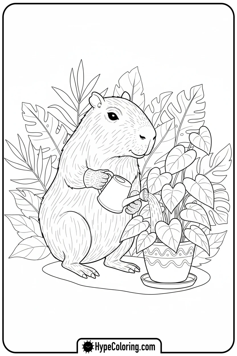 capybara-gardening-with-watering-can - capybara coloring page