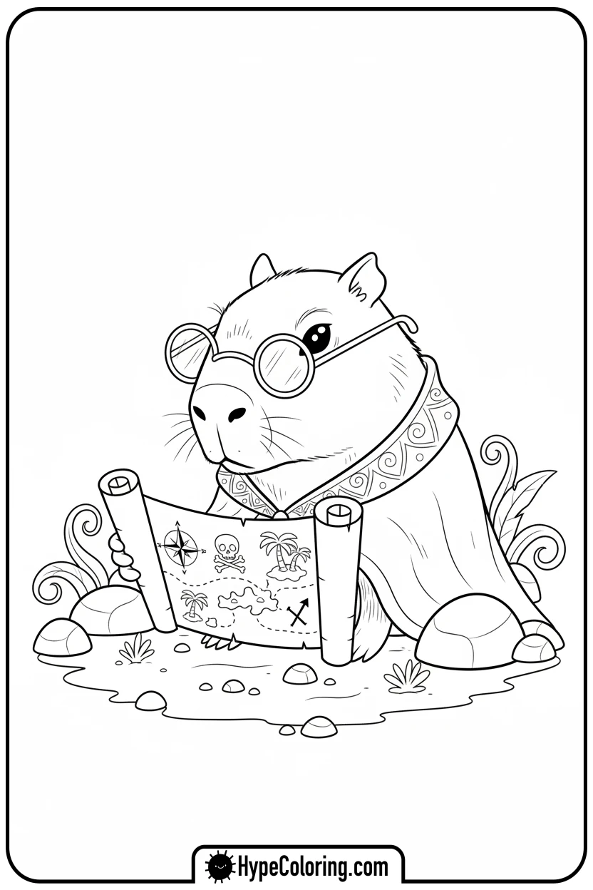 capybara-wearing-glasses-looking-at-map - capybara coloring page