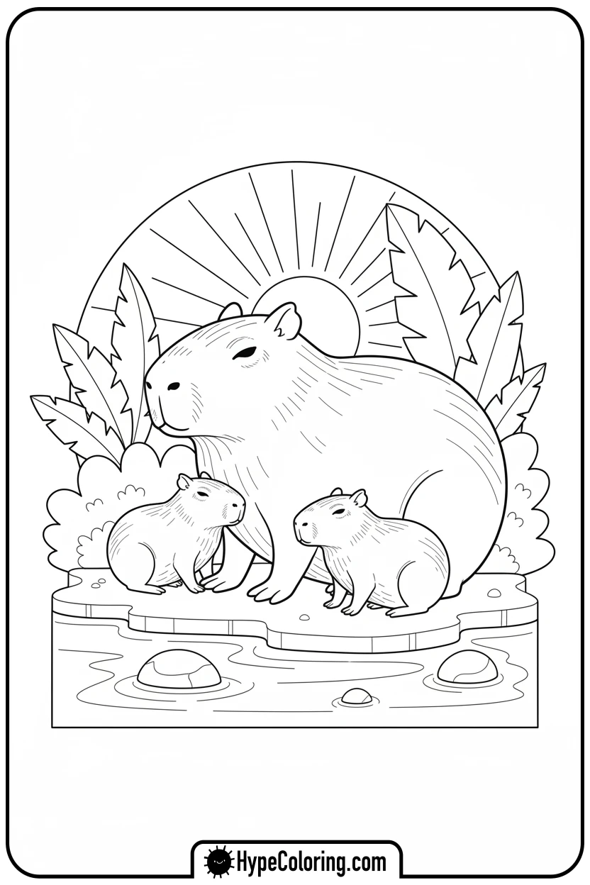 mother-capybara-with-two-babies - capybara coloring page