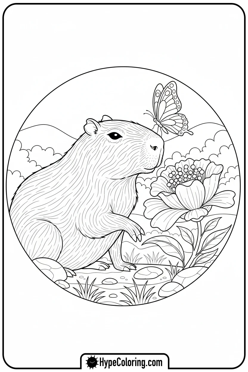 capybara-watching-a-butterfly-on-flower - capybara coloring page