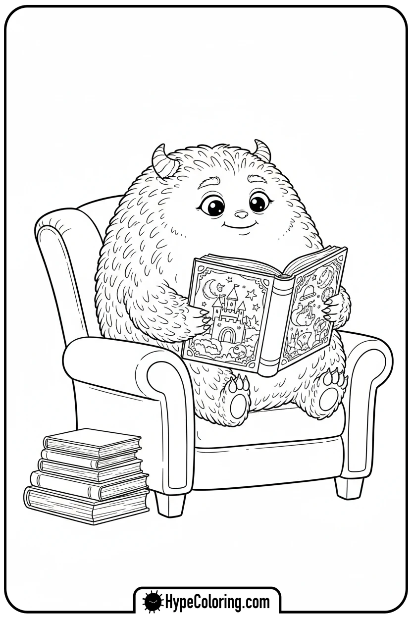 fluffy-monster-reading-book - monster coloring pages