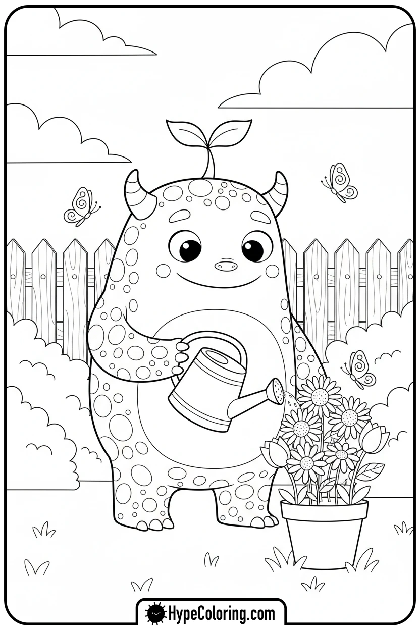 scaly-monster-watering-flowers - monster coloring pages