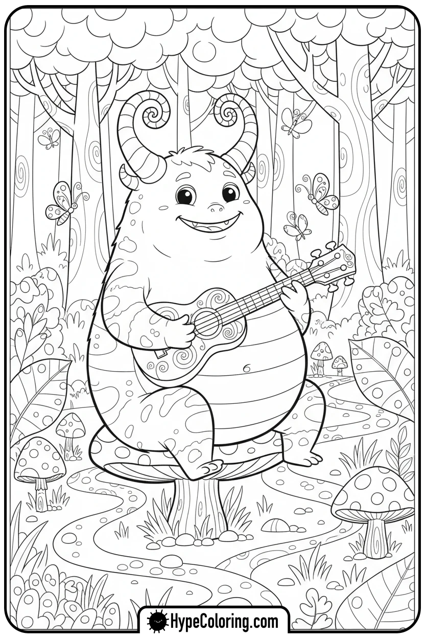 horned-monster-playing-ukulele - monster coloring pages