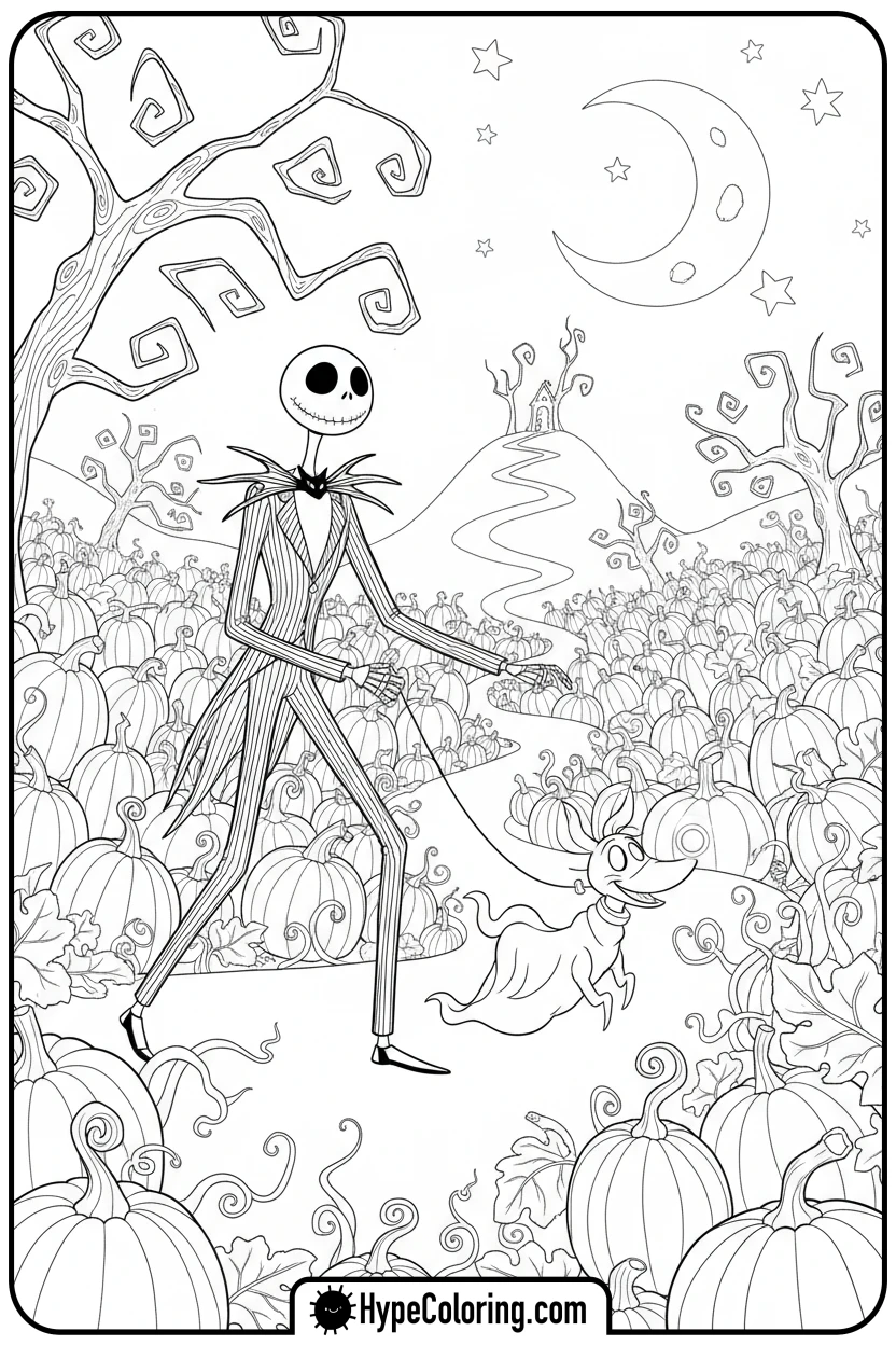 jack-and-zero-in-pumpkin-patch - nightmare before christmas coloring pages