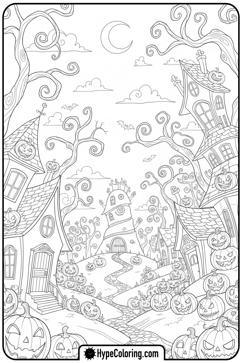 halloween-town-scenic-view - nightmare before christmas coloring pages