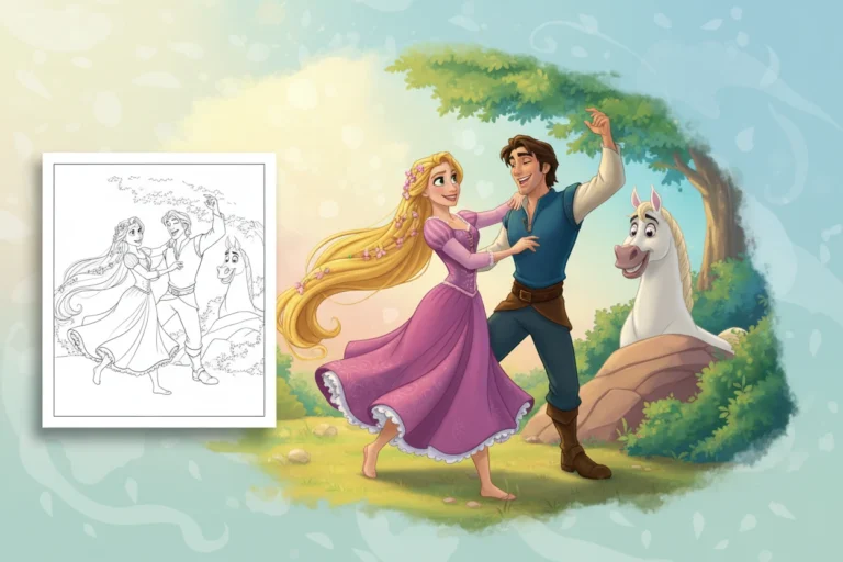 rapunzel-and-flynn-rider-joyfully - rapunzel coloring pages