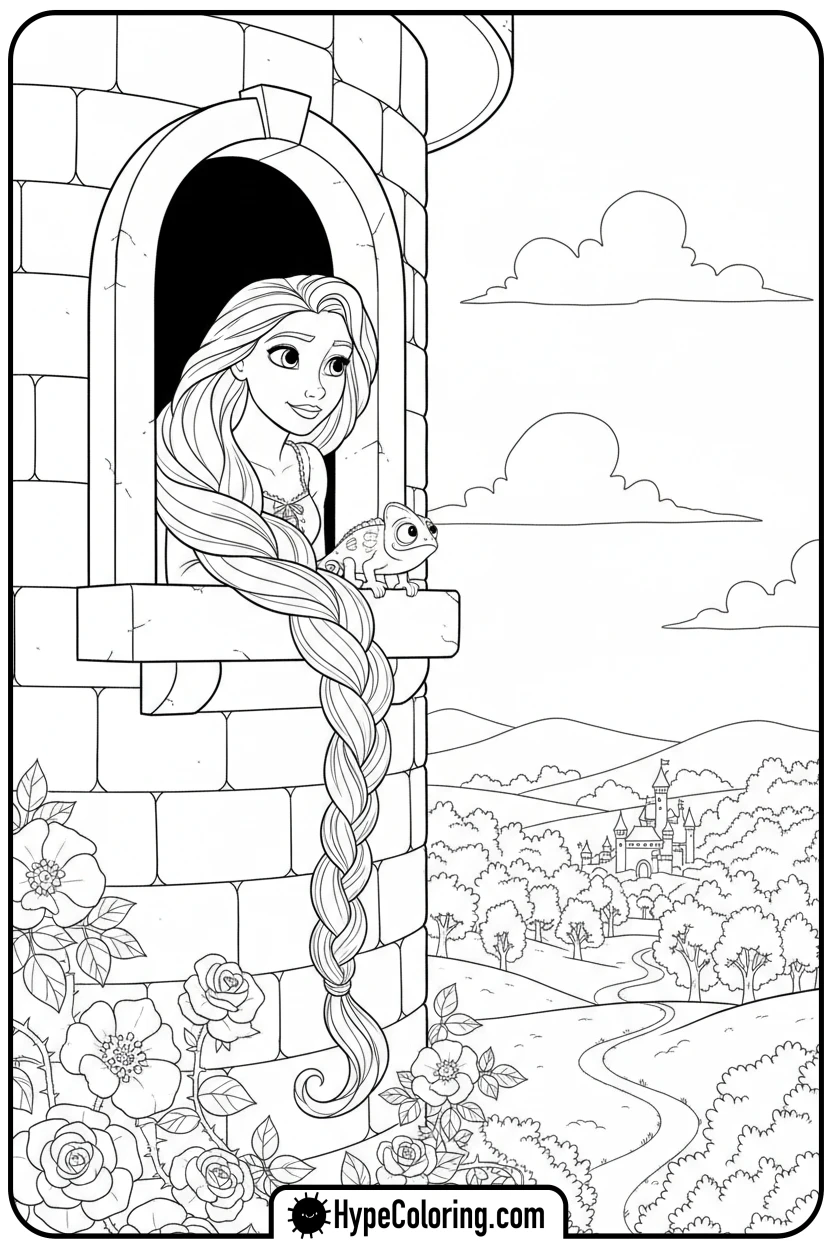 rapunzel-looking-out-tower-window - rapunzel coloring pages