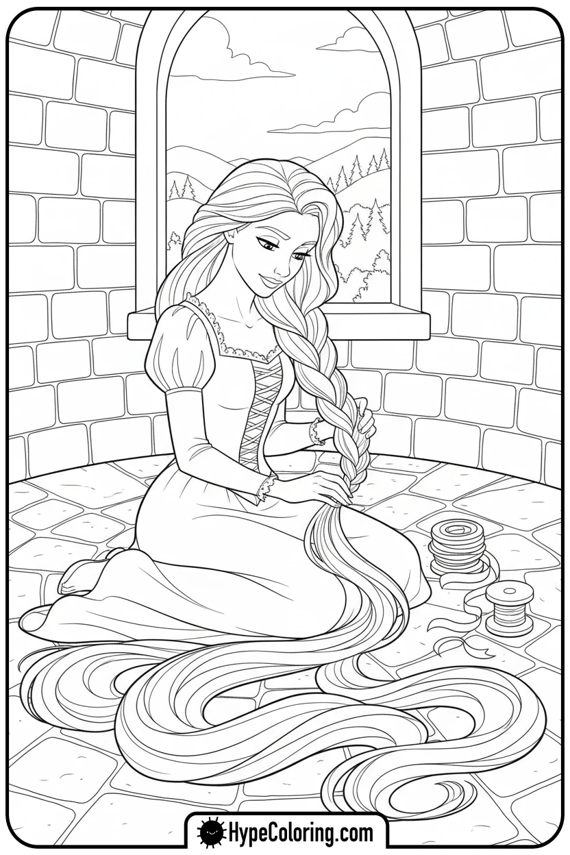 rapunzel-braiding-her-long-hair - rapunzel coloring pages