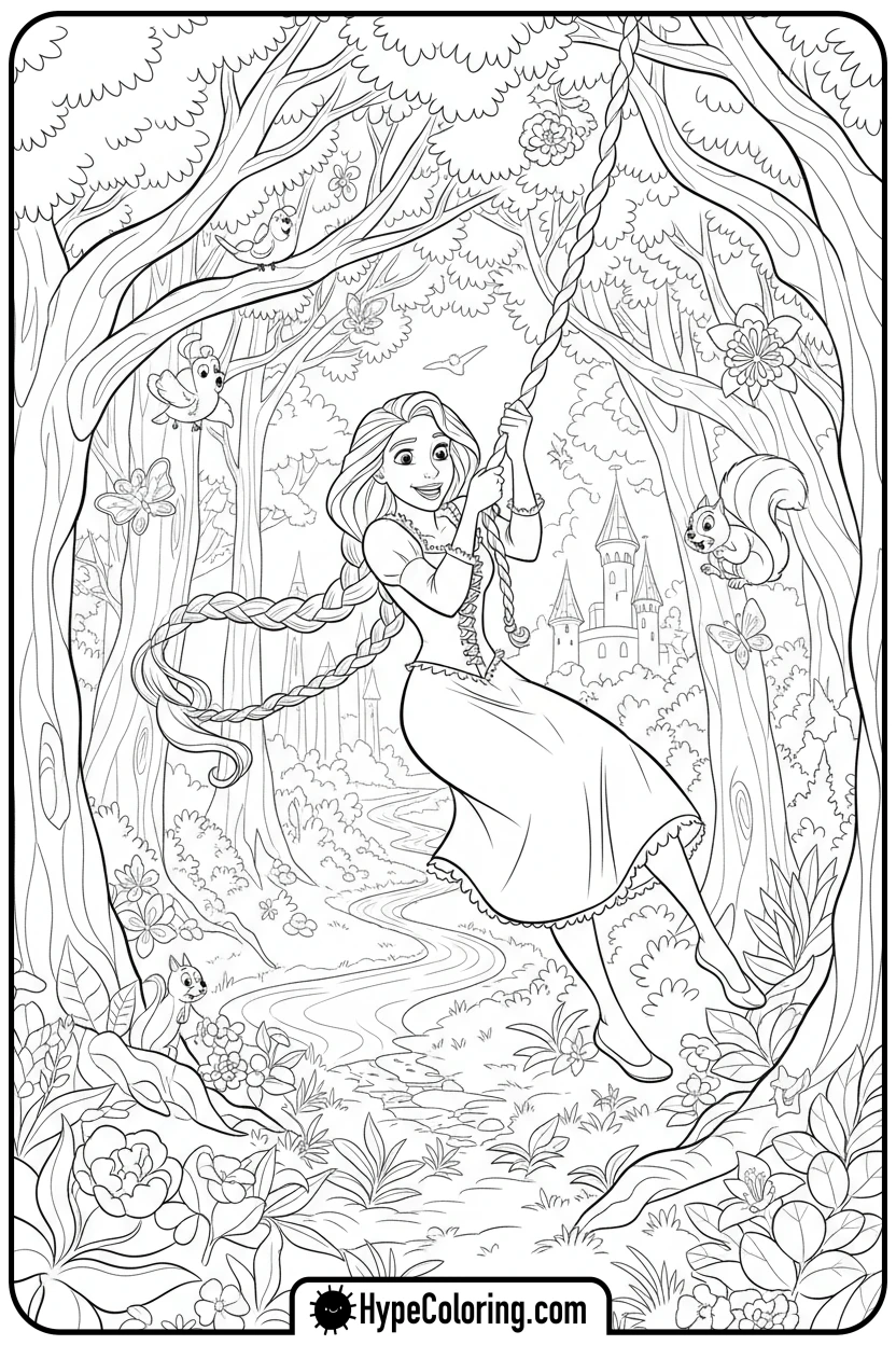 rapunzel-swinging-with-hair - rapunzel coloring pages
