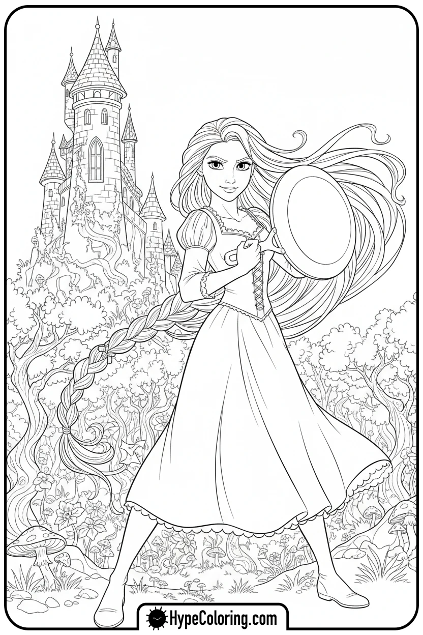rapunzel-with-frying-pan - rapunzel coloring pages