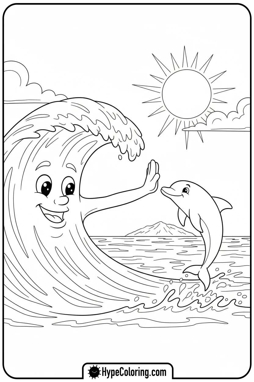 water-wave-high-fiving-dolphin - water coloring pages