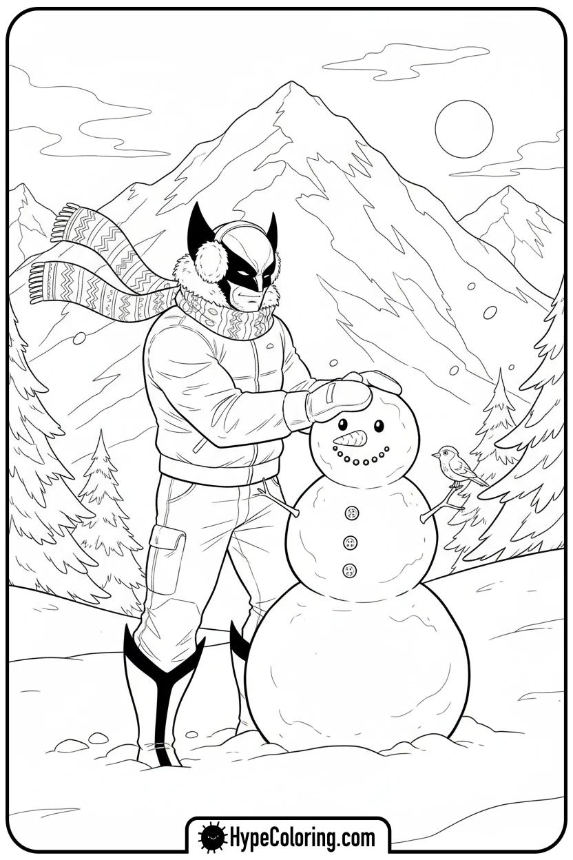 wolverine-making-snowman - wolverine coloring page