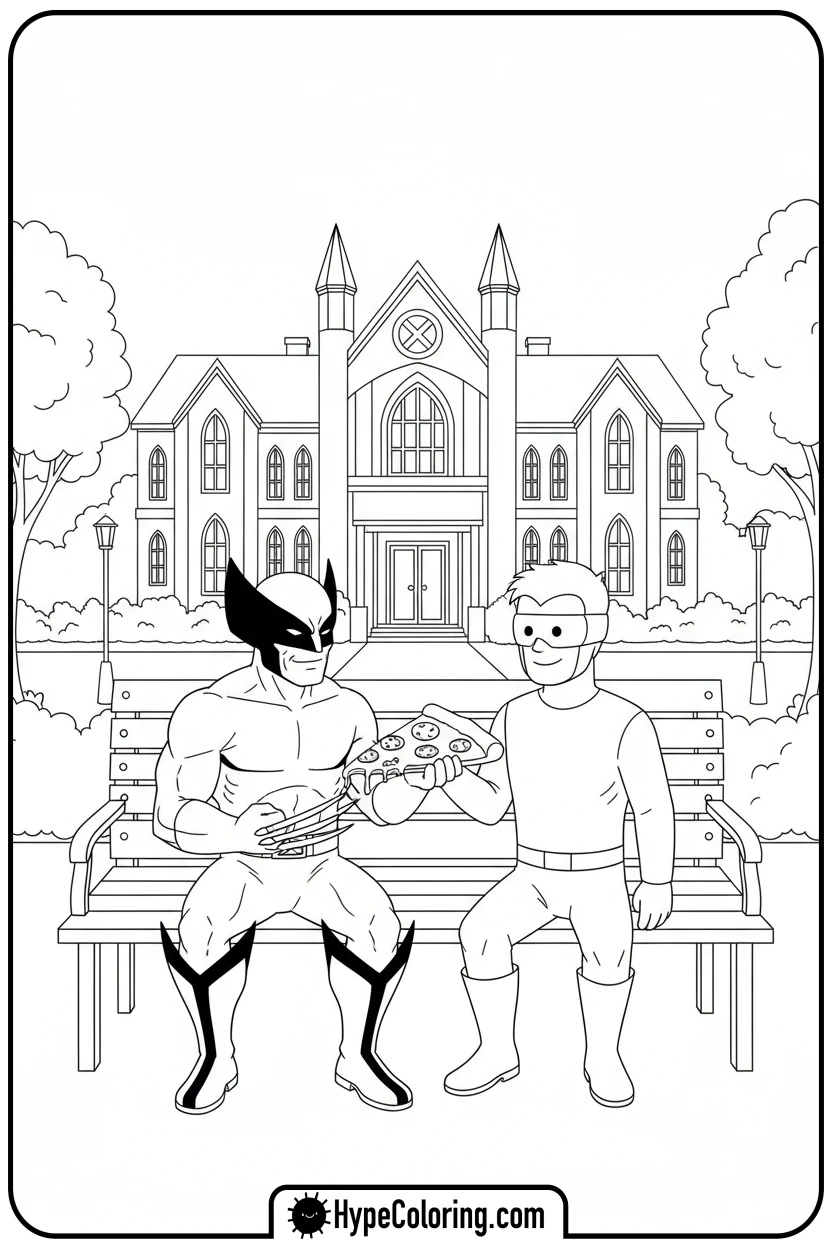 wolverine-and-cyclops-eating-pizza - wolverine coloring page
