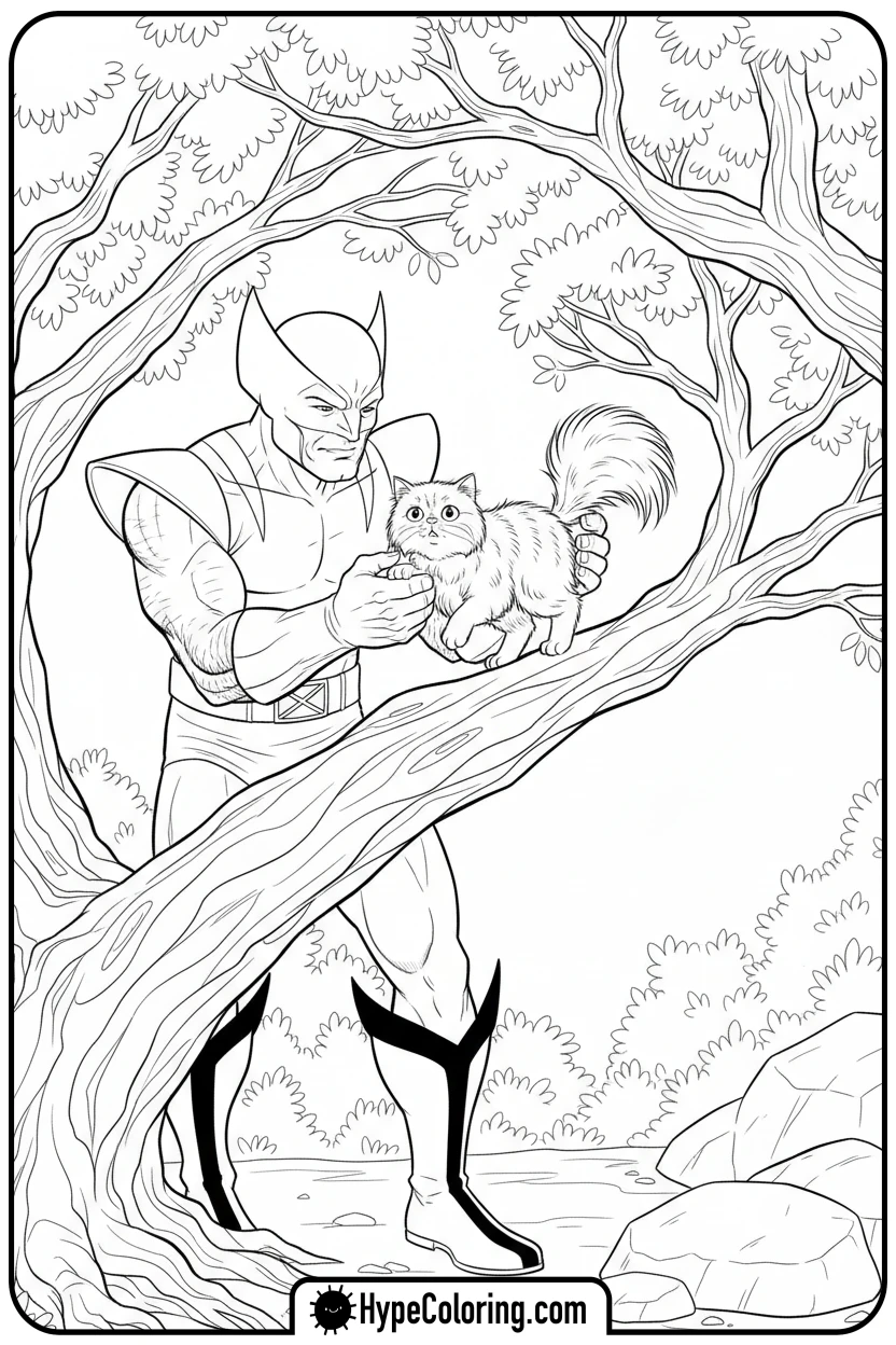 wolverine-helping-cat-from-tree - wolverine coloring page