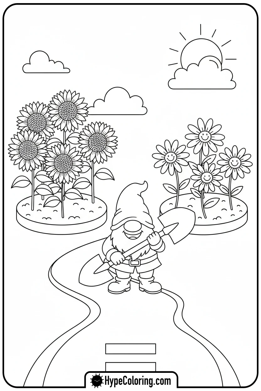 gnome-in-garden-with-sunflowers-and-daisies - addition coloring pages