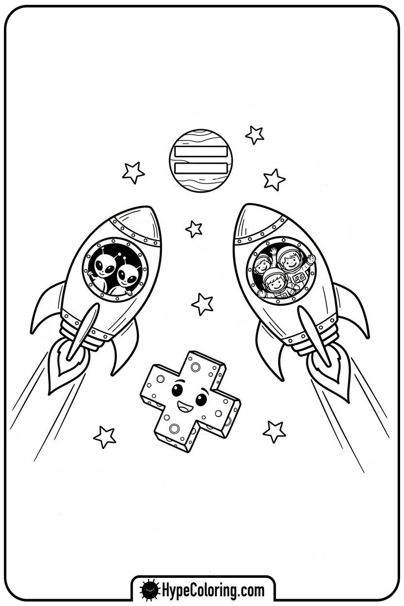 rockets-carrying-aliens-and-astronauts - addition coloring pages