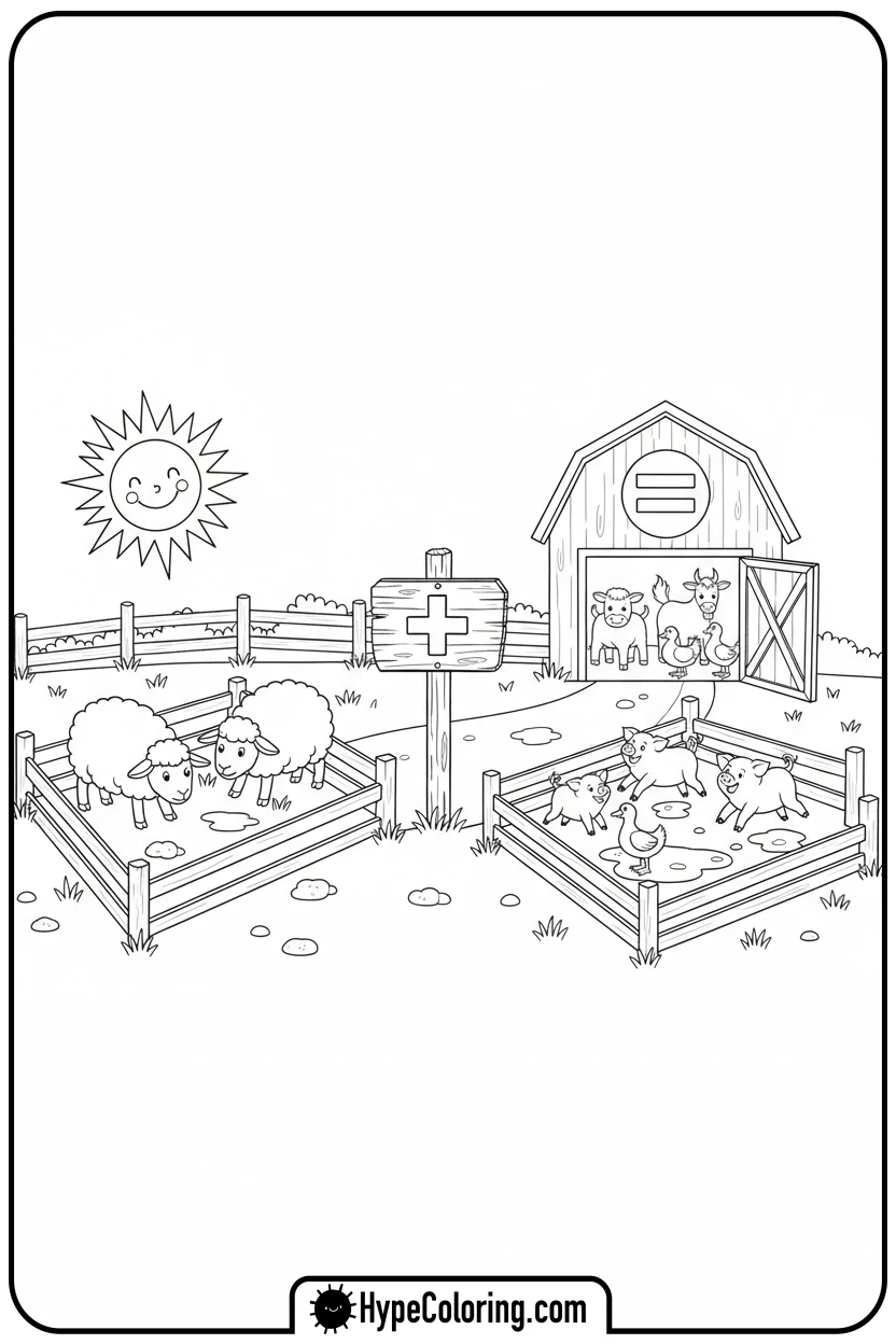 sheep-and-piglets-on-a-farm - addition coloring pages