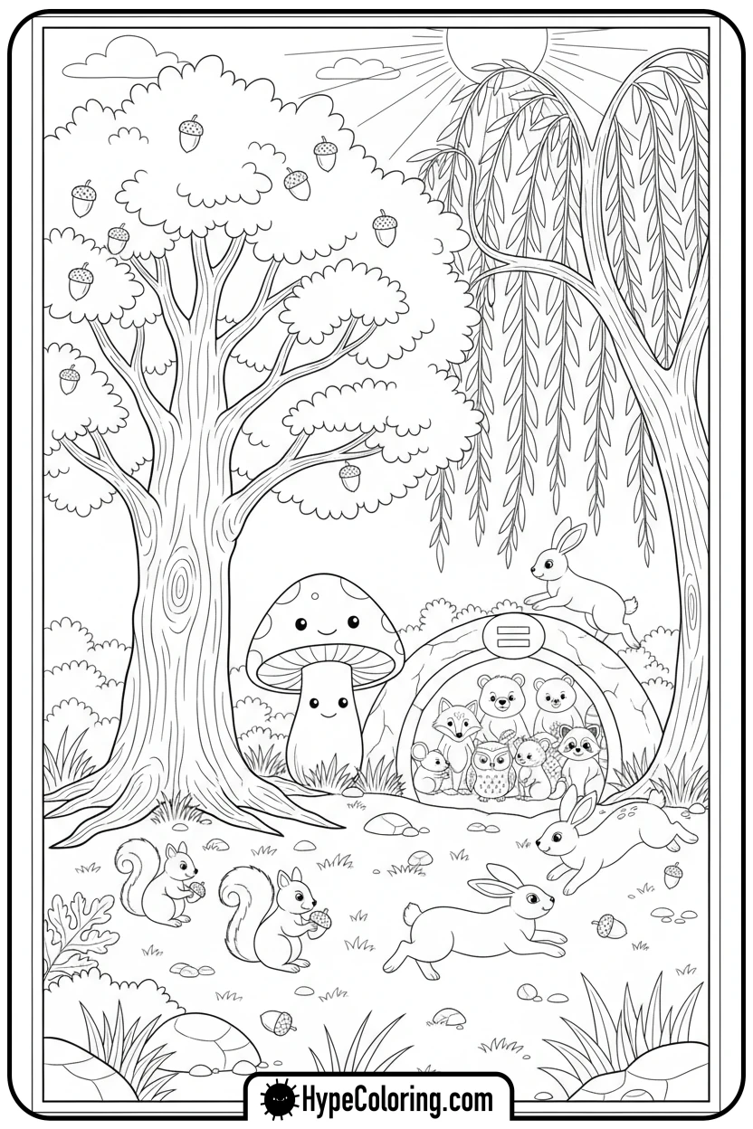 squirrels-and-bunnies-in-a-forest - addition coloring pages