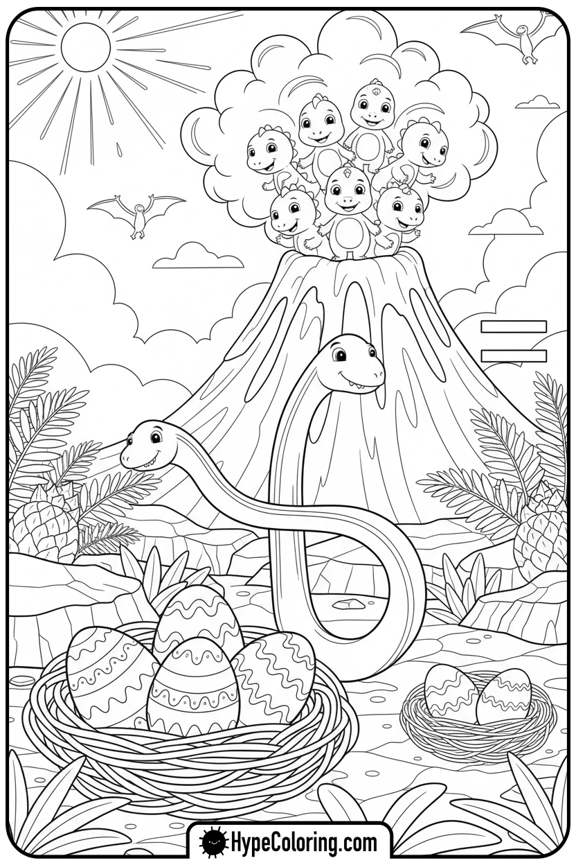 dinosaur-eggs-in-two-nests - addition coloring pages