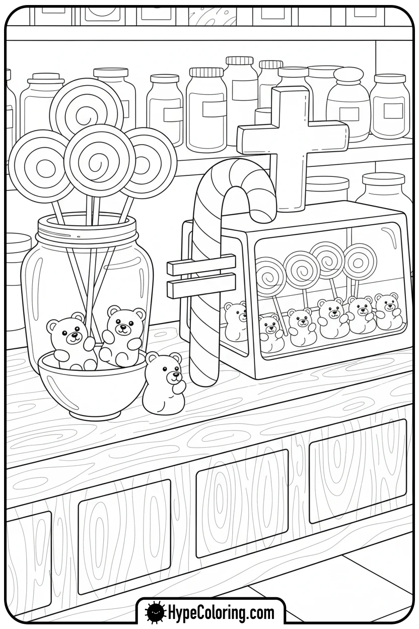 lollipops-and-gummy-bears-in-a-shop - addition coloring pages