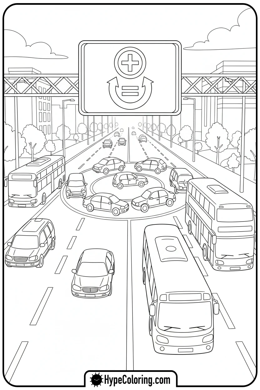 red-cars-and-blue-buses-on-a-road - addition coloring pages