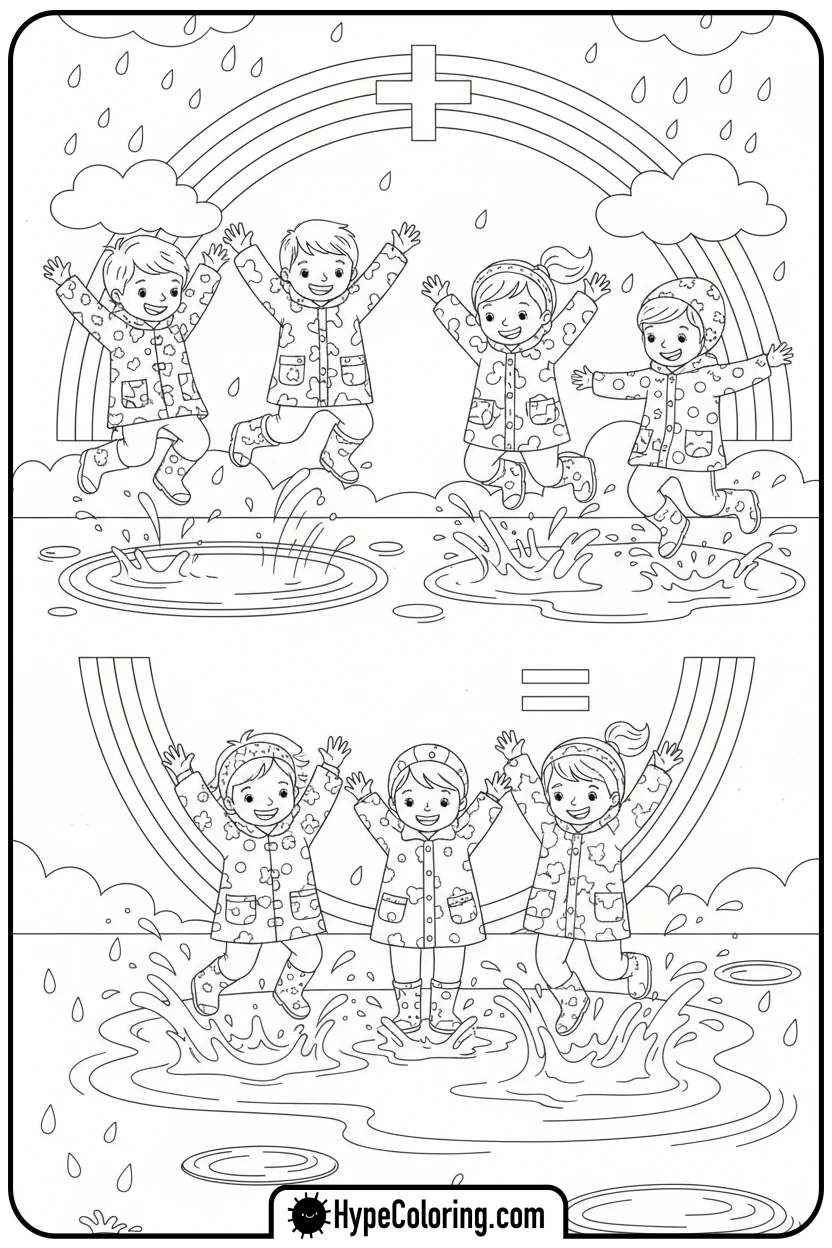 kids-jumping-in-rainy-day-puddles - addition coloring pages